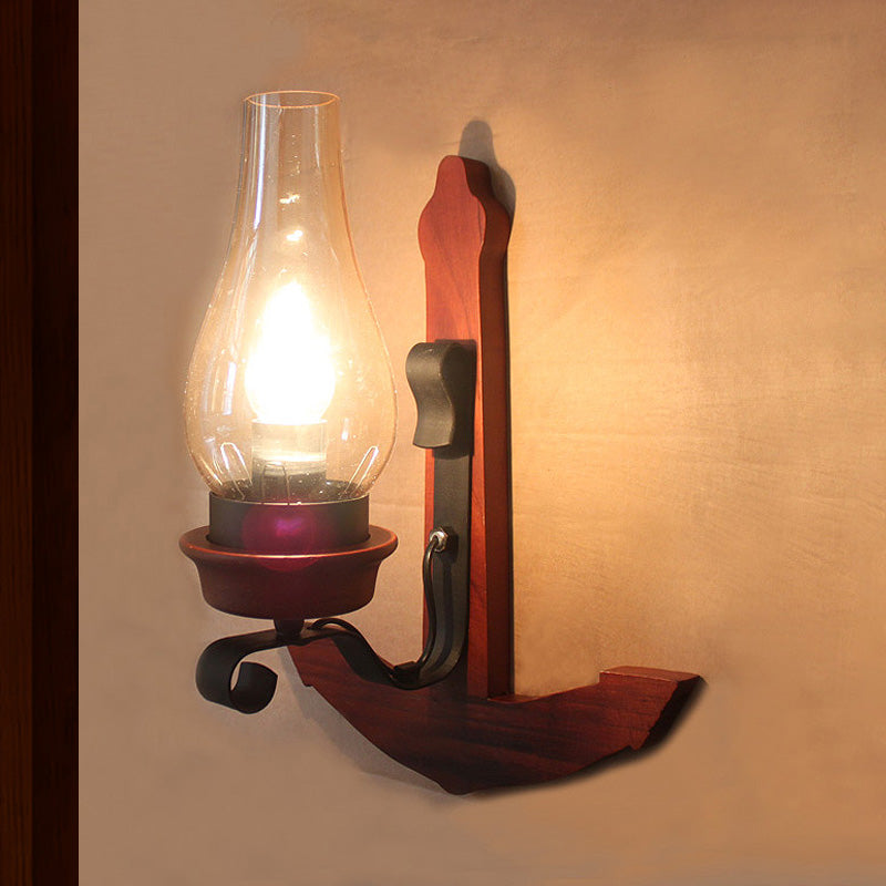 Avtoit | Vase Porch Wall Lamp Light Fixture Industrial Clear Glass Red Colored Wall Lamp with Wooden Back Plate