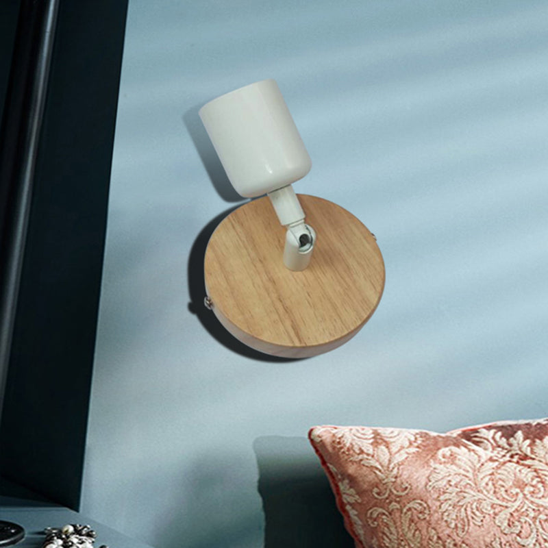 Avtoit | Simple Style Round Back Wall Light 1 Head Wood and Metal Wall Lamp in White for Nightstand