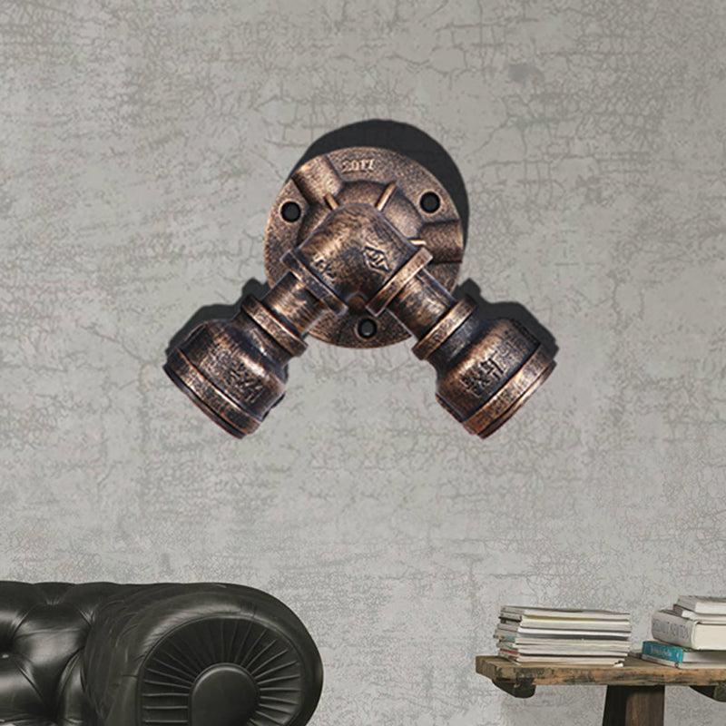 Avtoit | 2 Heads Wall Lamp Fixture with Pipe Forged Iron Shade Rustic Style Living Room Wall Lamp Light in Aged Bronze