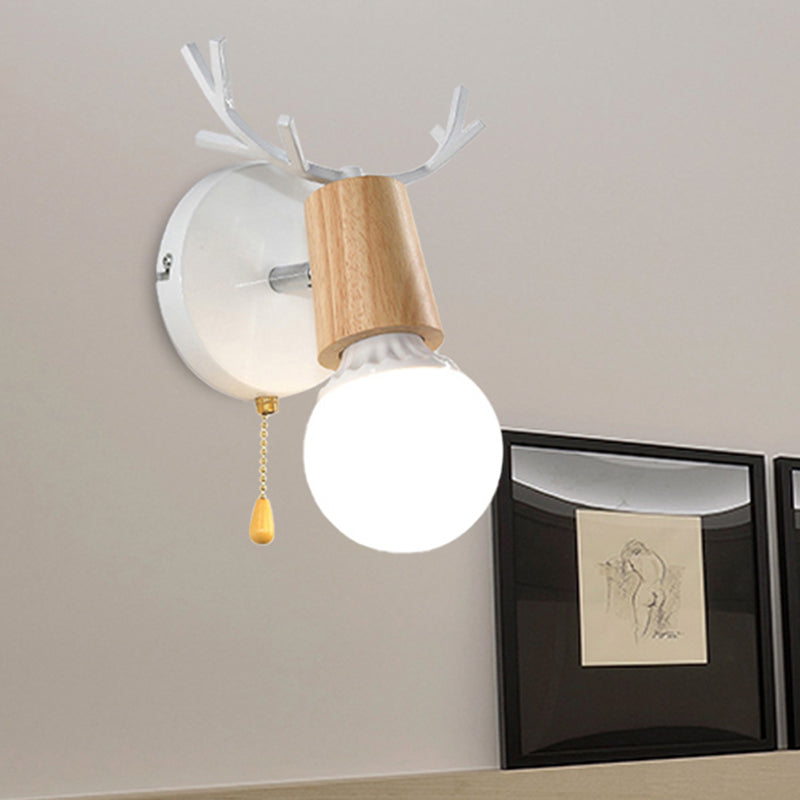 Avtoit | 1 Light Bare Bulb Wall Lamp Modern Style Black/White Finish Metal and Wood Wall Lighting with Deer Side