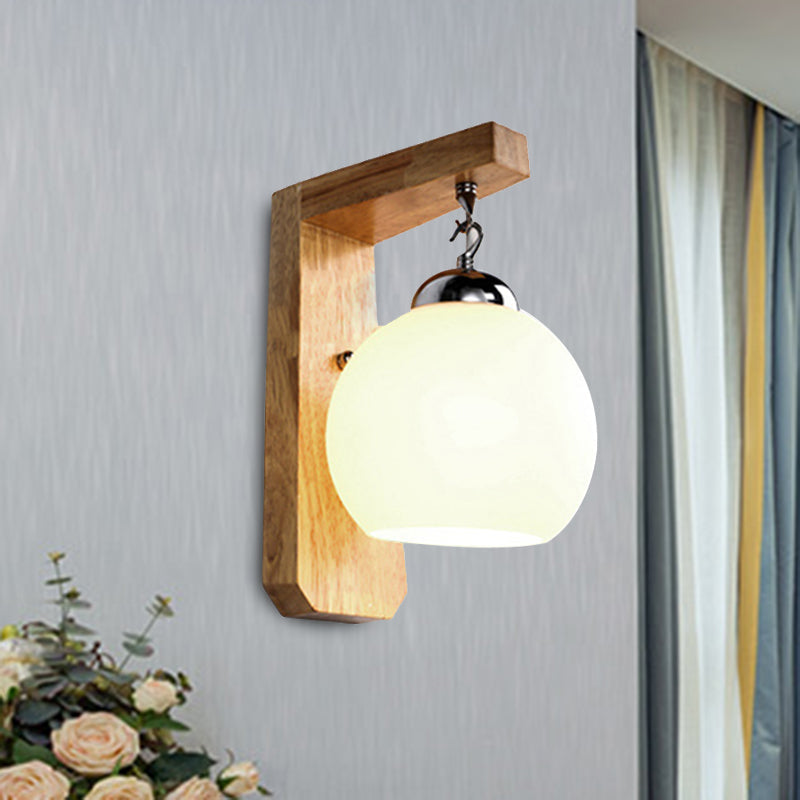 Avtoit | Modern Globe Pendant Light Opal Glass 1-Bulb White Wall Lamp with Wooden Base for the Bedroom