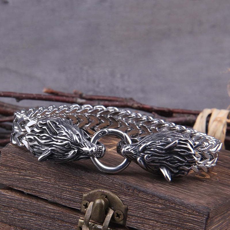 Avtoit | Viking Stainless Steel Double Wolf Head Fenrir Bracelet