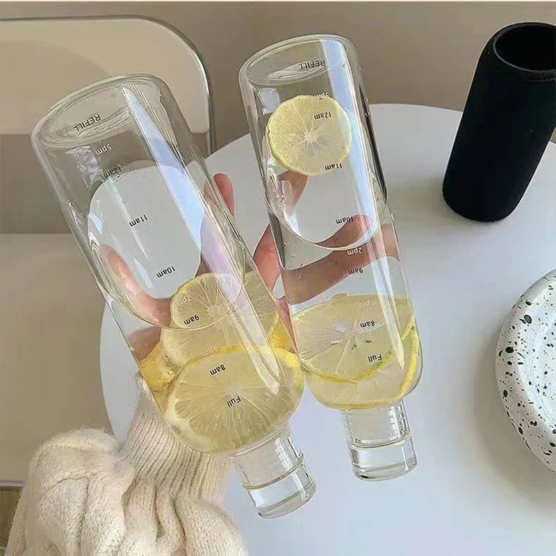 Glass Water Bottle with Time-Scale Reminder and Leakproof Cap