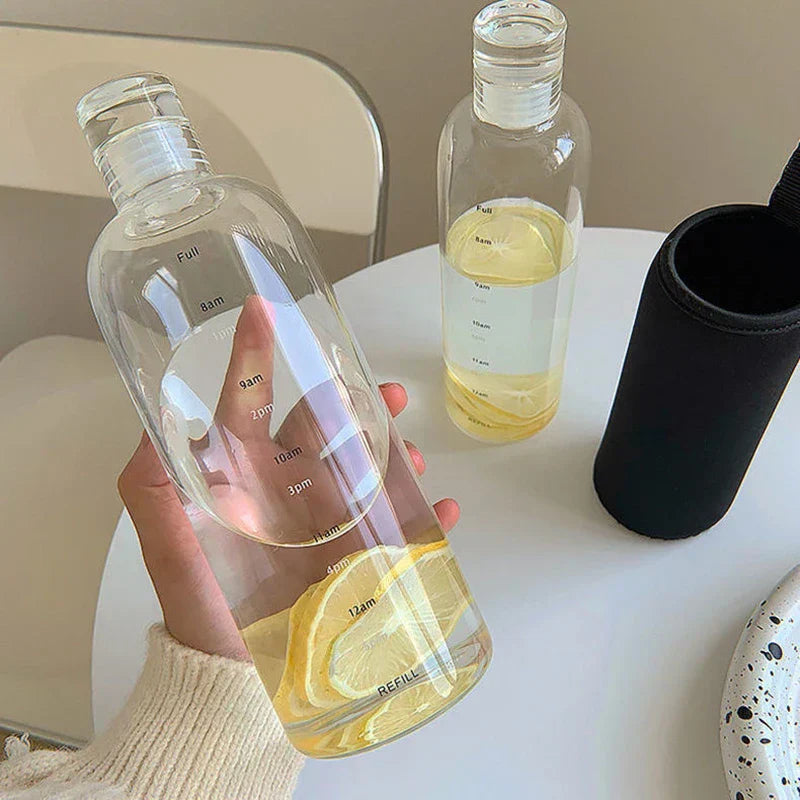 Glass Water Bottle with Time-Scale Reminder and Leakproof Cap