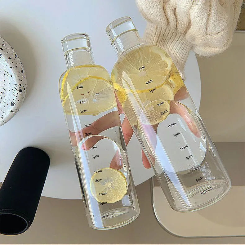Glass Water Bottle with Time-Scale Reminder and Leakproof Cap