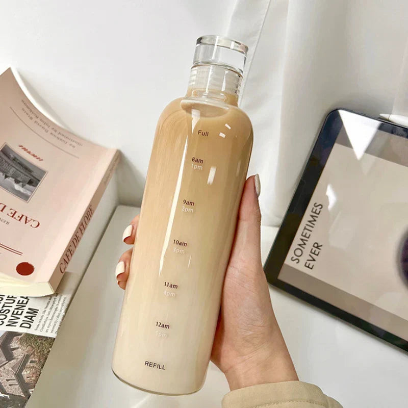 Glass Water Bottle with Time-Scale Reminder and Leakproof Cap