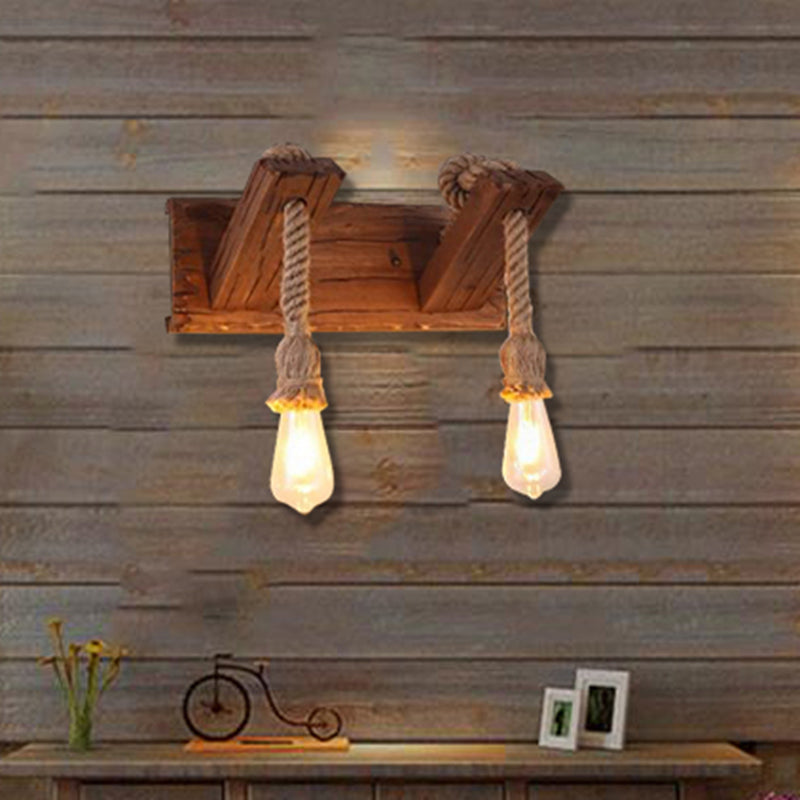 Avtoit | Wood Exposed Bulb Wall Lighting Industrial Style Rope 1/2 Light Bedroom Wall Lamp
