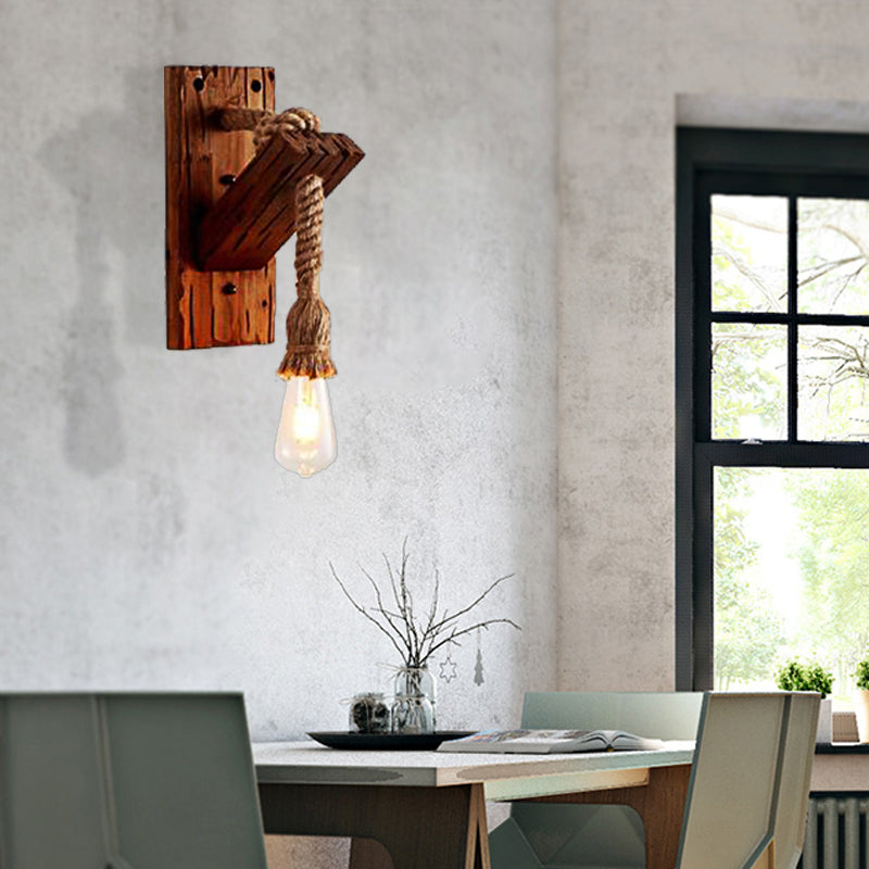 Avtoit | Wood Exposed Bulb Wall Lighting Industrial Style Rope 1/2 Light Bedroom Wall Lamp