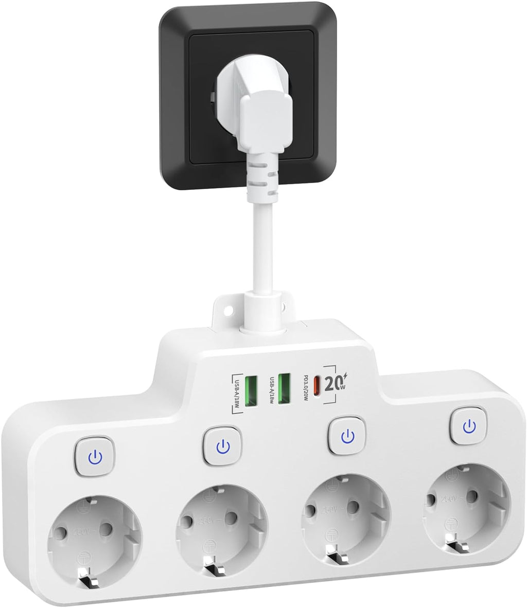 Avtoit | Swivel Wall-Mounted Power Strip with Independent Switches – 3 Outlets + 2 USB-A + 1 USB-C Ports