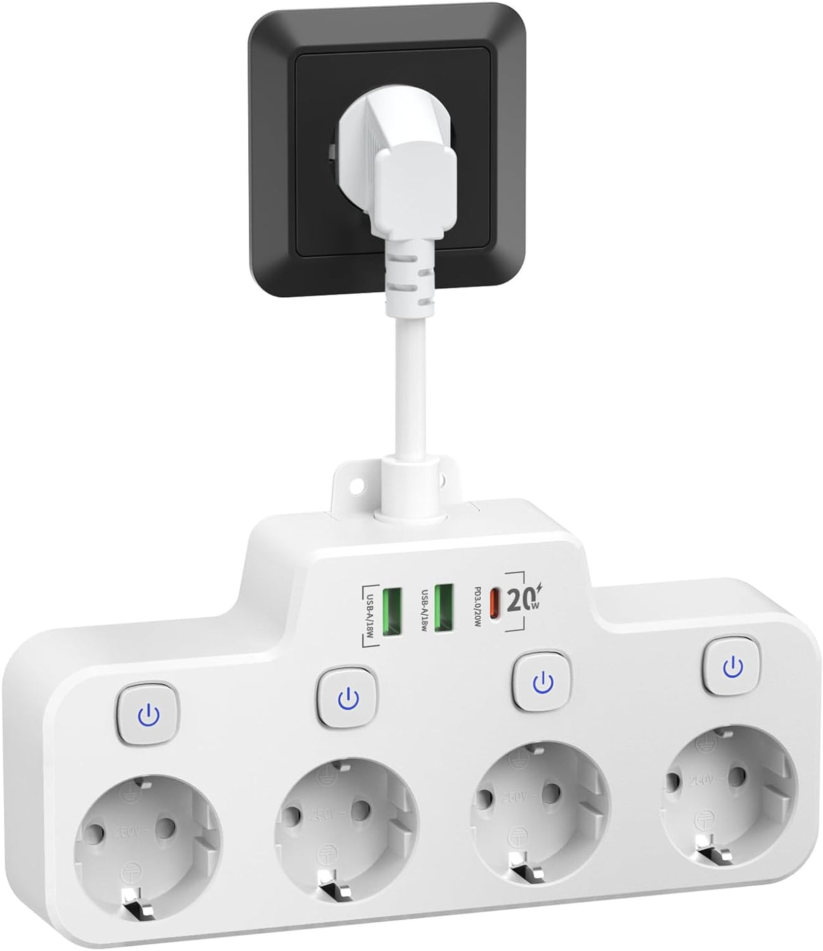 Avtoit | Swivel Wall-Mounted Power Strip with Independent Switches – 3 Outlets + 2 USB-A + 1 USB-C Ports