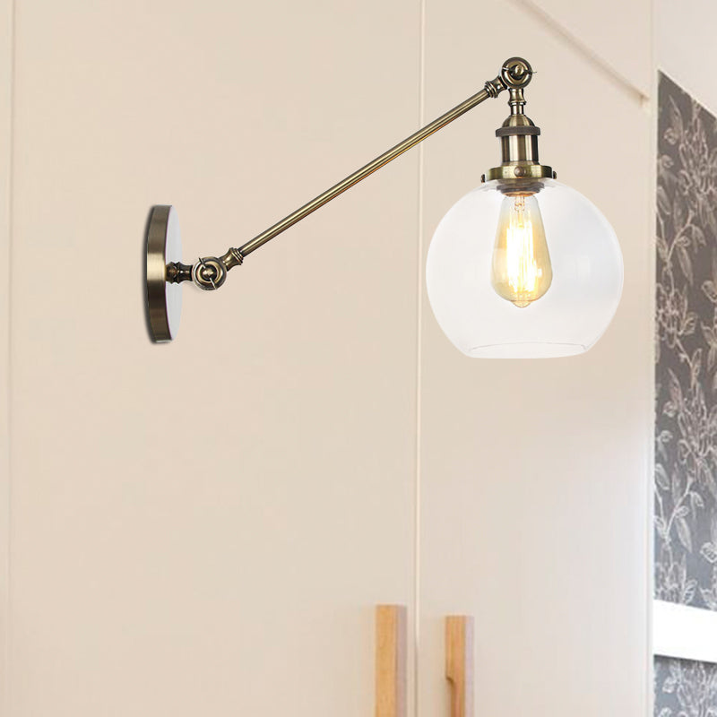 Avtoit | Clear Glass Globe Wall Lighting Country House 1 Light Living Room Fixture in Black/ Brass/ Bronze with Arm, 8"/12" L