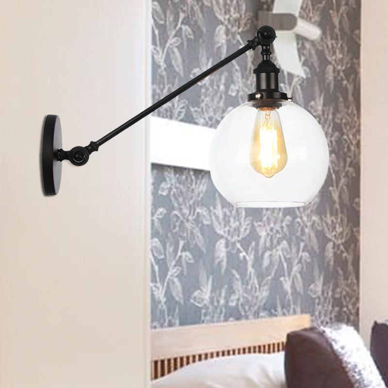 Avtoit | Clear Glass Globe Wall Lighting Country House 1 Light Living Room Fixture in Black/ Brass/ Bronze with Arm, 8"/12" L
