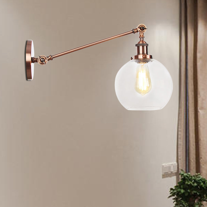Avtoit | Clear Glass Globe Wall Lighting Country House 1 Light Living Room Fixture in Black/ Brass/ Bronze with Arm, 8"/12" L