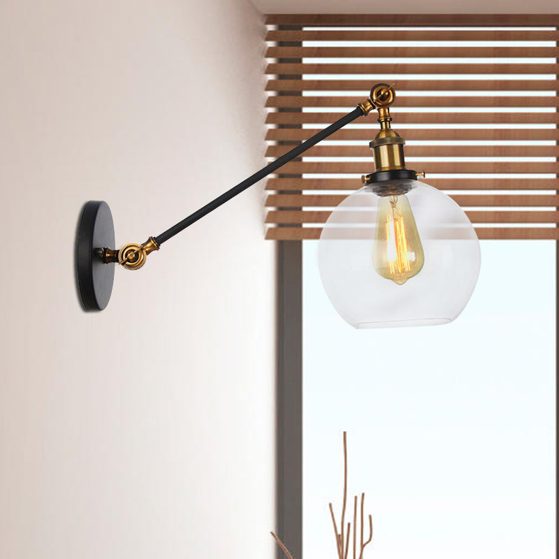 Avtoit | Clear Glass Globe Wall Lighting Country House 1 Light Living Room Fixture in Black/ Brass/ Bronze with Arm, 8"/12" L