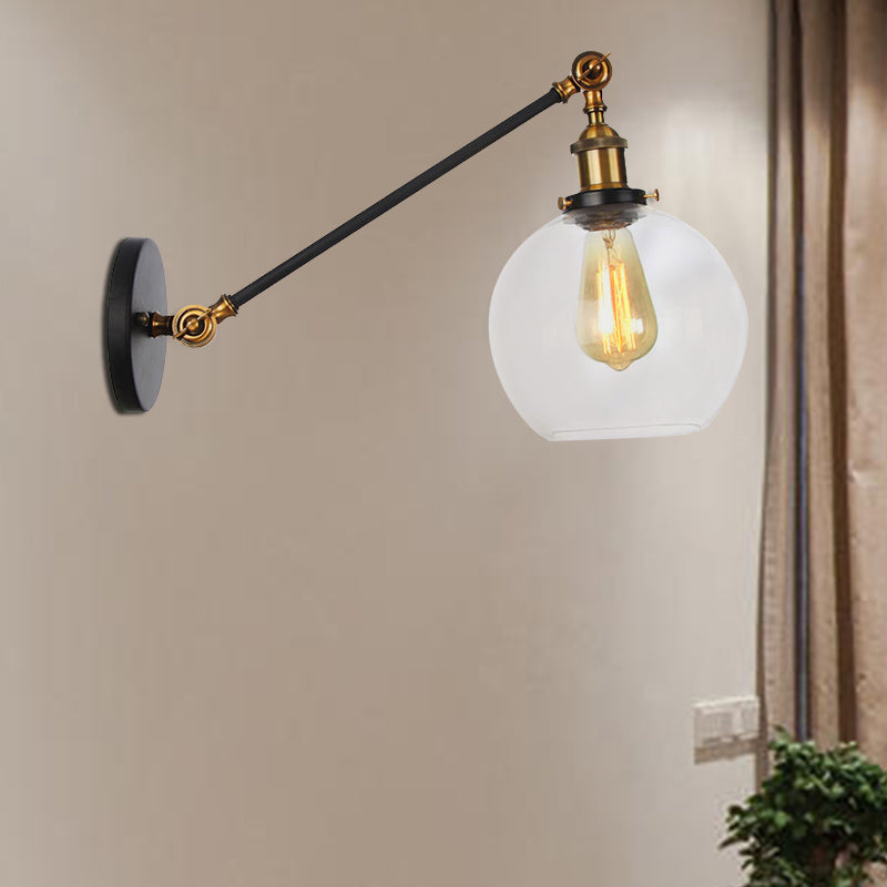 Avtoit | Clear Glass Globe Wall Lighting Country House 1 Light Living Room Fixture in Black/ Brass/ Bronze with Arm, 8"/12" L