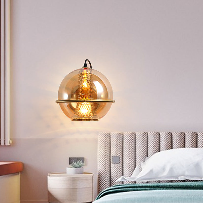 Avtoit | Brass Ball Wall Light Post Modern 1-Head Cognac Glass Wall Mounted Light Source for Nightstand