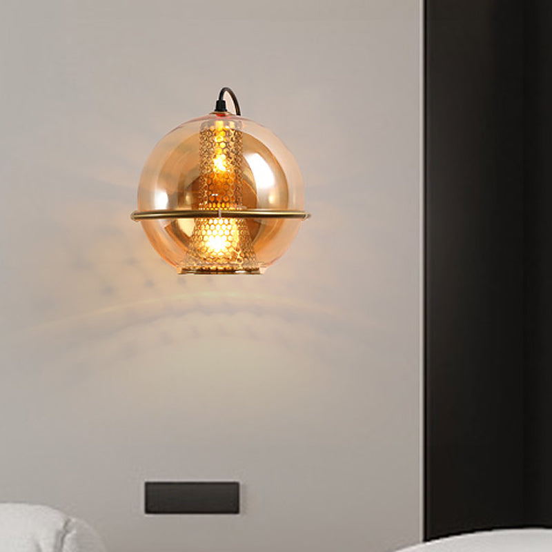 Avtoit | Brass Ball Wall Light Post Modern 1-Head Cognac Glass Wall Mounted Light Source for Nightstand
