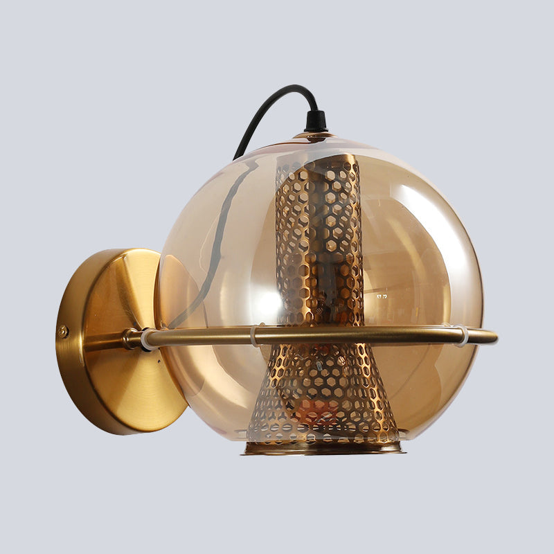 Avtoit | Brass Ball Wall Light Post Modern 1-Head Cognac Glass Wall Mounted Light Source for Nightstand