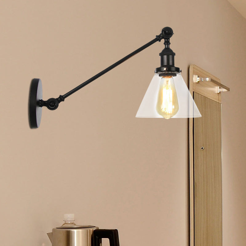 Avtoit | Industrial Conical Wall Lamp 1 Light Clear Glass Lighting in Black/Bronze/Brass, 8"/12" L Arm