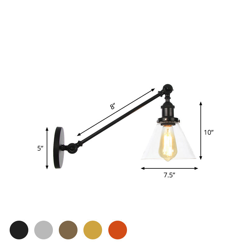 Avtoit | Industrial Conical Wall Lamp 1 Light Clear Glass Lighting in Black/Bronze/Brass, 8"/12" L Arm