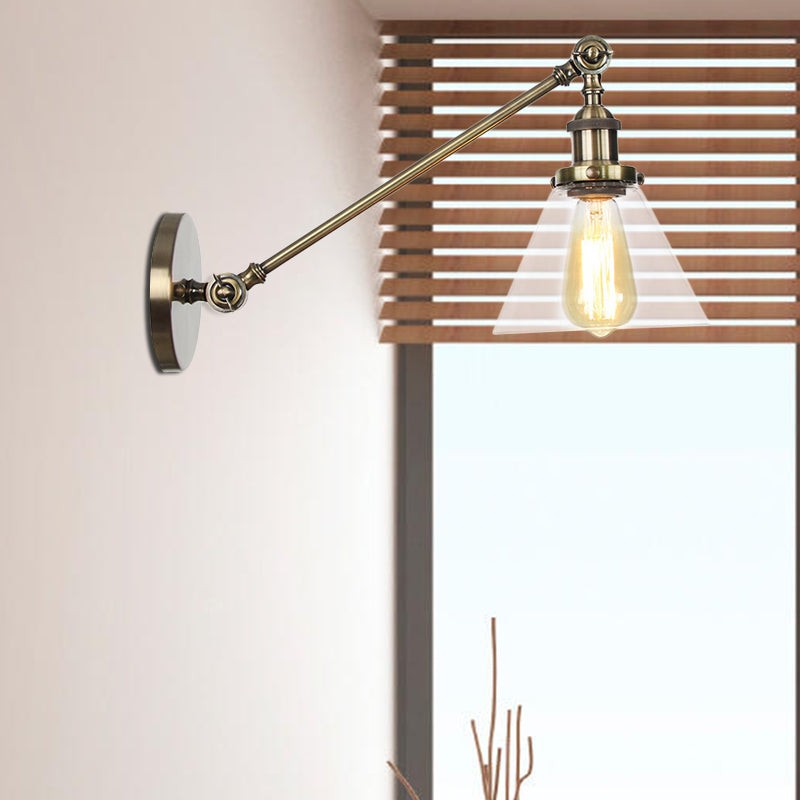 Avtoit | Industrial Conical Wall Lamp 1 Light Clear Glass Lighting in Black/Bronze/Brass, 8"/12" L Arm