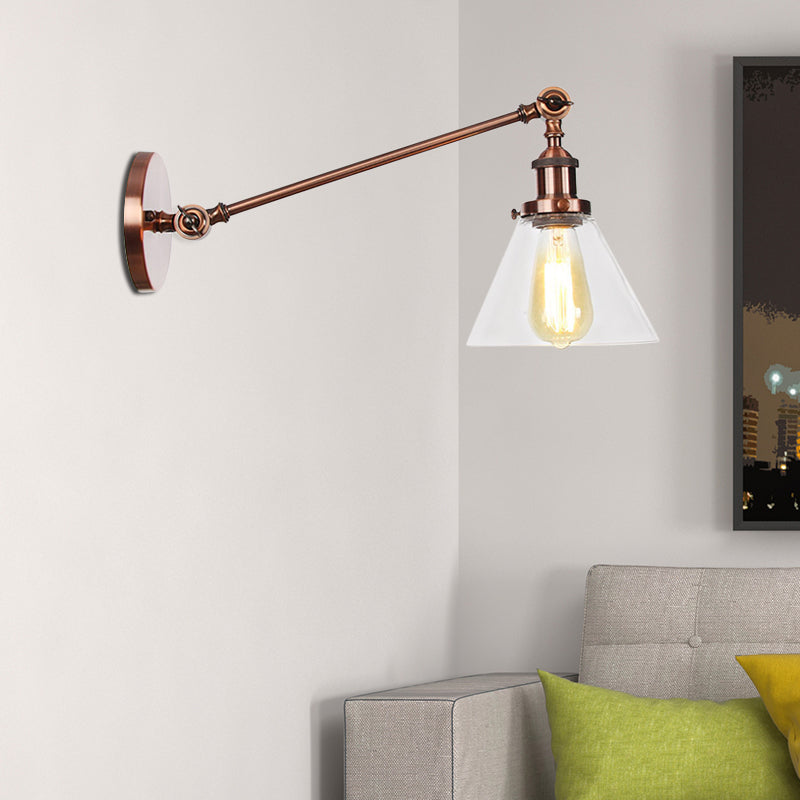 Avtoit | Industrial Conical Wall Lamp 1 Light Clear Glass Lighting in Black/Bronze/Brass, 8"/12" L Arm