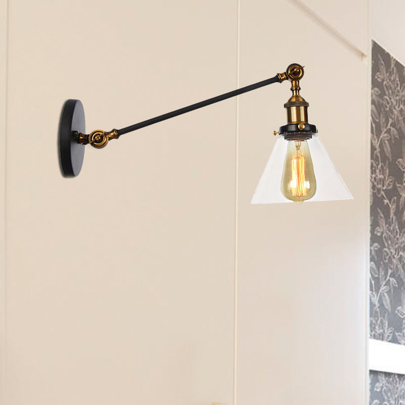 Avtoit | Industrial Conical Wall Lamp 1 Light Clear Glass Lighting in Black/Bronze/Brass, 8"/12" L Arm