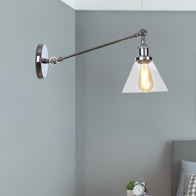 Avtoit | Industrial Conical Wall Lamp 1 Light Clear Glass Lighting in Black/Bronze/Brass, 8"/12" L Arm