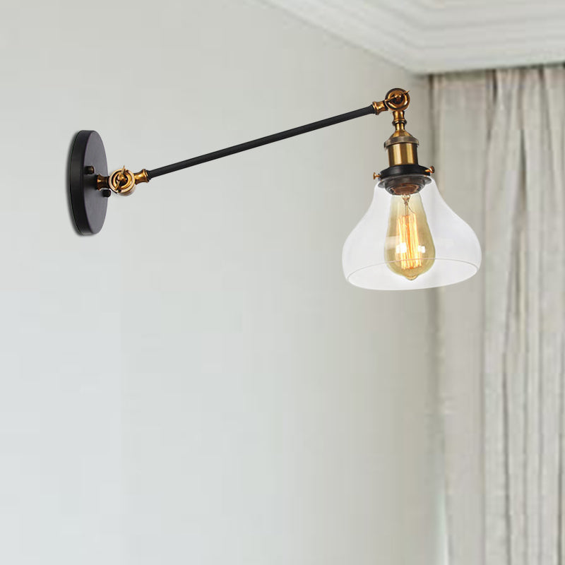Avtoit | 1 Light Indoor Lighting Fixture Farmhouse Black/Bronze/Brass Wall Lamp with Pear Clear Glass Shade, 8"/12" L Arm