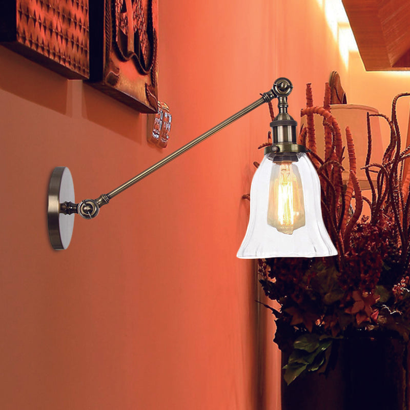 Avtoit | Black/Bronze/Brass 1 Light Wall Lighting Unit Vintage Clear Glass Bell Wall Lamp with Arm, 8"/12" Long