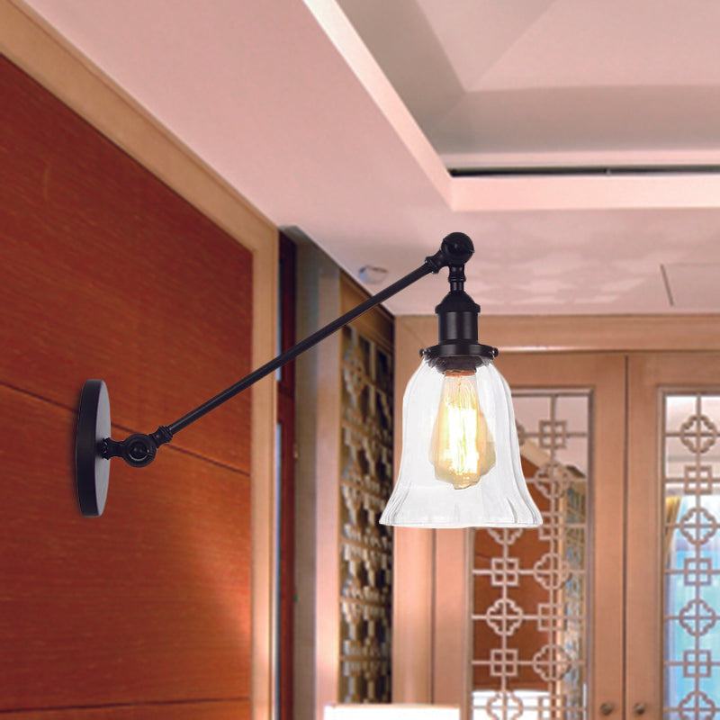 Avtoit | Black/Bronze/Brass 1 Light Wall Lighting Unit Vintage Clear Glass Bell Wall Lamp with Arm, 8"/12" Long