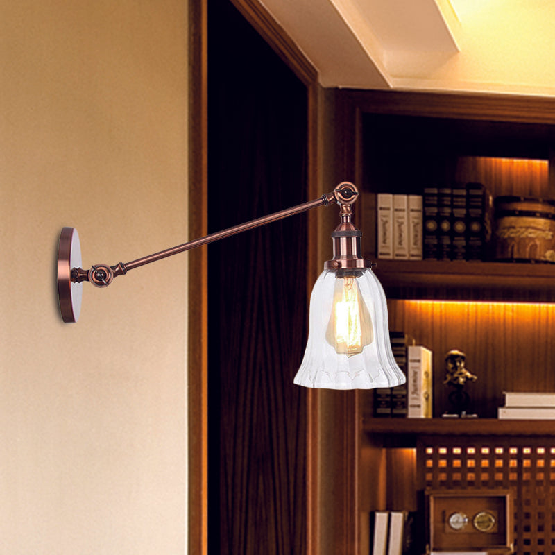 Avtoit | Black/Bronze/Brass 1 Light Wall Lighting Unit Vintage Clear Glass Bell Wall Lamp with Arm, 8"/12" Long