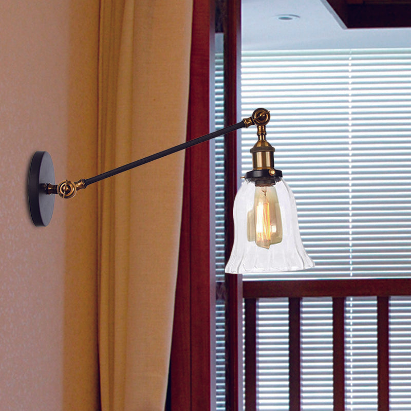 Avtoit | Black/Bronze/Brass 1 Light Wall Lighting Unit Vintage Clear Glass Bell Wall Lamp with Arm, 8"/12" Long