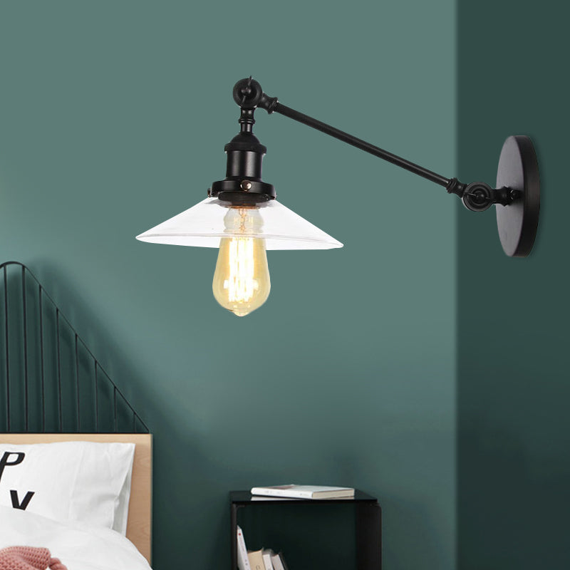 Avtoit | 1 Light Indoor Wall Lamp Vintage Black/Brass/Bronze Lighting Fixture with Cone Transparent Glass Shade, 8"/12" L Arm