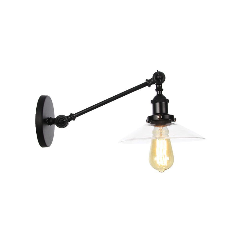 Avtoit | 1 Light Indoor Wall Lamp Vintage Black/Brass/Bronze Lighting Fixture with Cone Transparent Glass Shade, 8"/12" L Arm