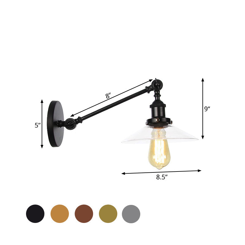 Avtoit | 1 Light Indoor Wall Lamp Vintage Black/Brass/Bronze Lighting Fixture with Cone Transparent Glass Shade, 8"/12" L Arm