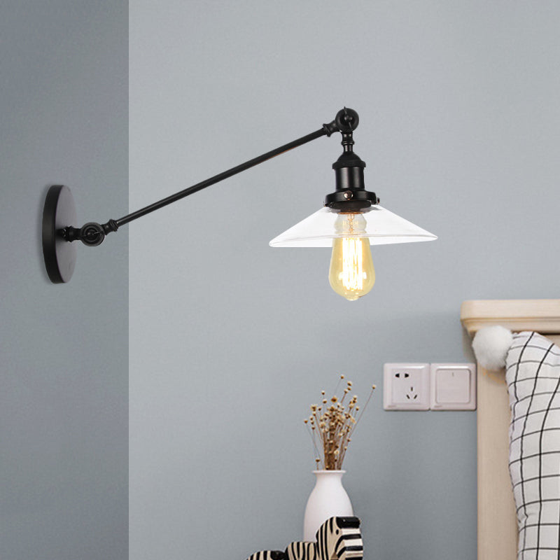 Avtoit | 1 Light Indoor Wall Lamp Vintage Black/Brass/Bronze Lighting Fixture with Cone Transparent Glass Shade, 8"/12" L Arm