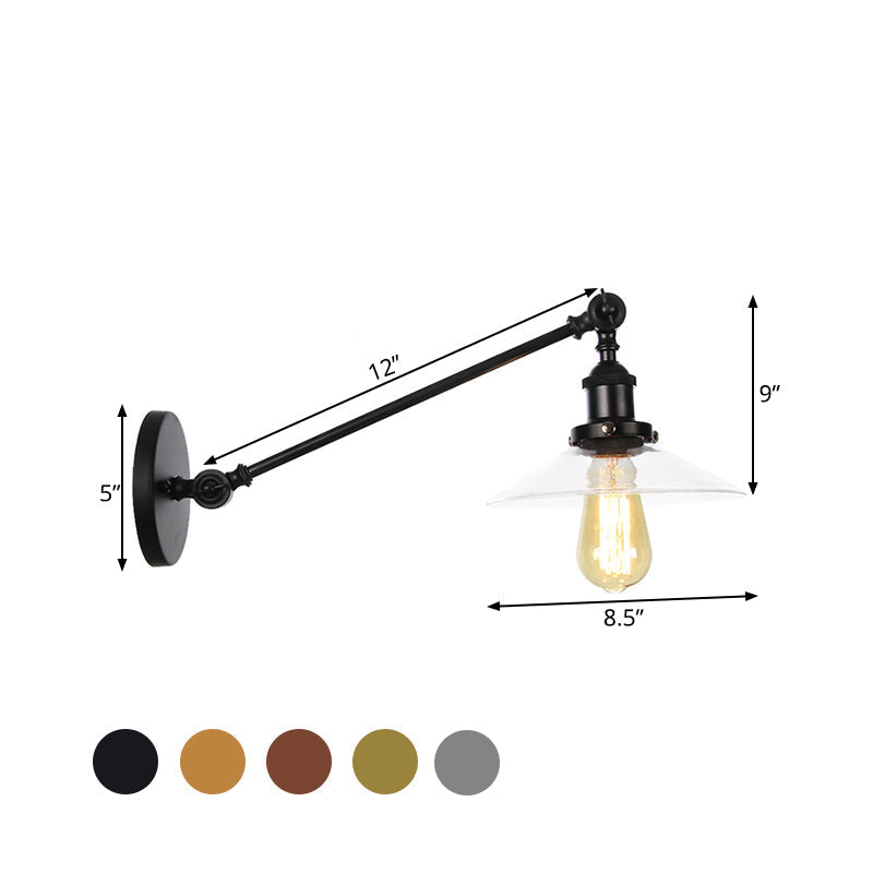 Avtoit | 1 Light Indoor Wall Lamp Vintage Black/Brass/Bronze Lighting Fixture with Cone Transparent Glass Shade, 8"/12" L Arm
