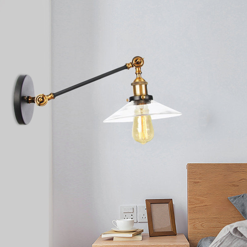Avtoit | 1 Light Indoor Wall Lamp Vintage Black/Brass/Bronze Lighting Fixture with Cone Transparent Glass Shade, 8"/12" L Arm
