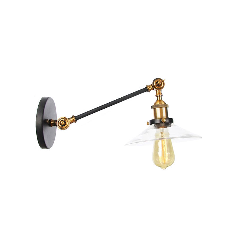 Avtoit | 1 Light Indoor Wall Lamp Vintage Black/Brass/Bronze Lighting Fixture with Cone Transparent Glass Shade, 8"/12" L Arm