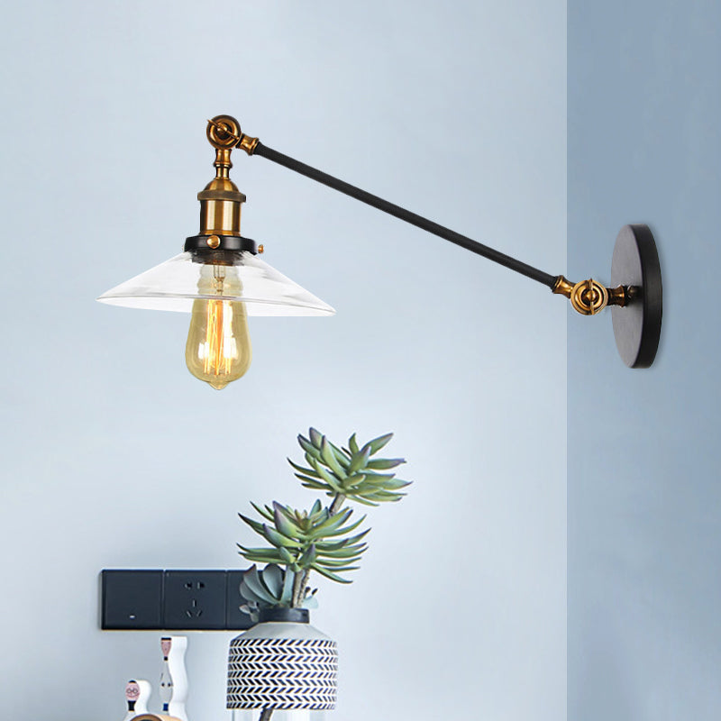 Avtoit | 1 Light Indoor Wall Lamp Vintage Black/Brass/Bronze Lighting Fixture with Cone Transparent Glass Shade, 8"/12" L Arm