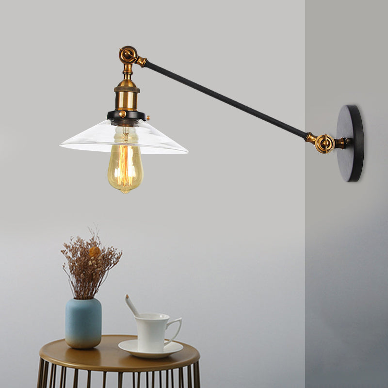 Avtoit | 1 Light Indoor Wall Lamp Vintage Black/Brass/Bronze Lighting Fixture with Cone Transparent Glass Shade, 8"/12" L Arm