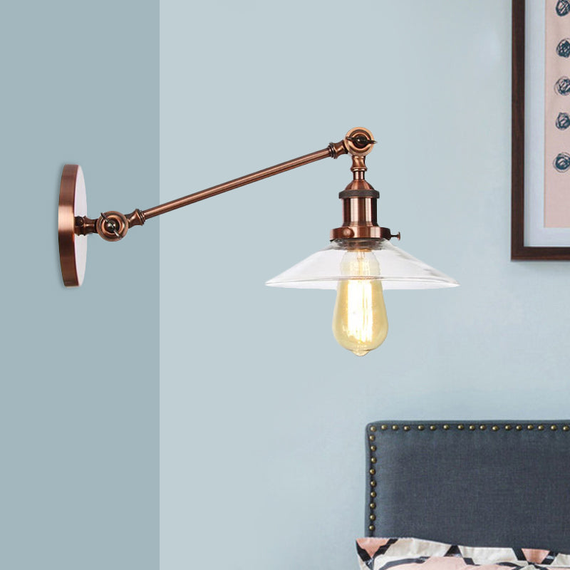 Avtoit | 1 Light Indoor Wall Lamp Vintage Black/Brass/Bronze Lighting Fixture with Cone Transparent Glass Shade, 8"/12" L Arm