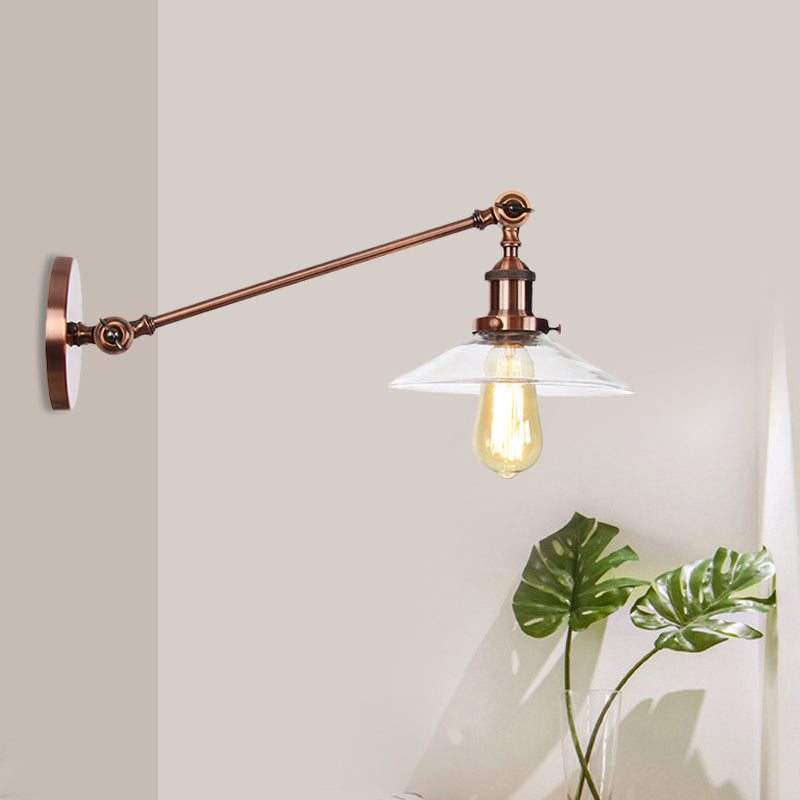 Avtoit | 1 Light Indoor Wall Lamp Vintage Black/Brass/Bronze Lighting Fixture with Cone Transparent Glass Shade, 8"/12" L Arm