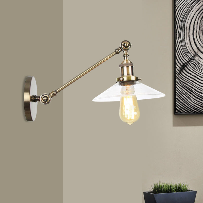 Avtoit | 1 Light Indoor Wall Lamp Vintage Black/Brass/Bronze Lighting Fixture with Cone Transparent Glass Shade, 8"/12" L Arm