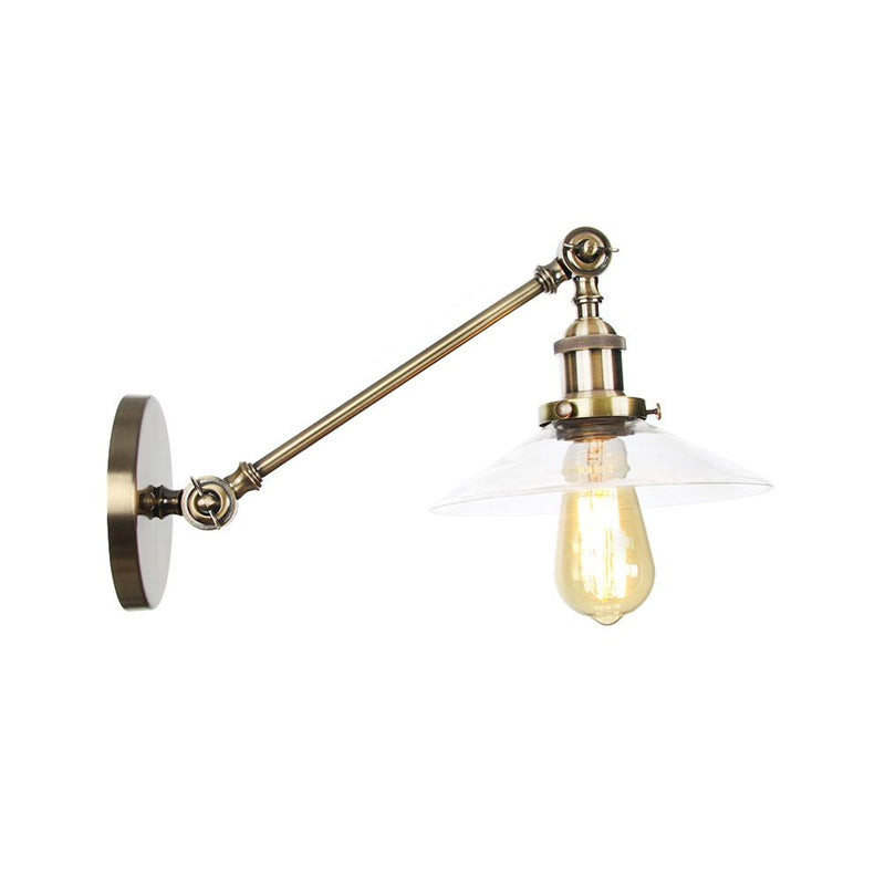 Avtoit | 1 Light Indoor Wall Lamp Vintage Black/Brass/Bronze Lighting Fixture with Cone Transparent Glass Shade, 8"/12" L Arm