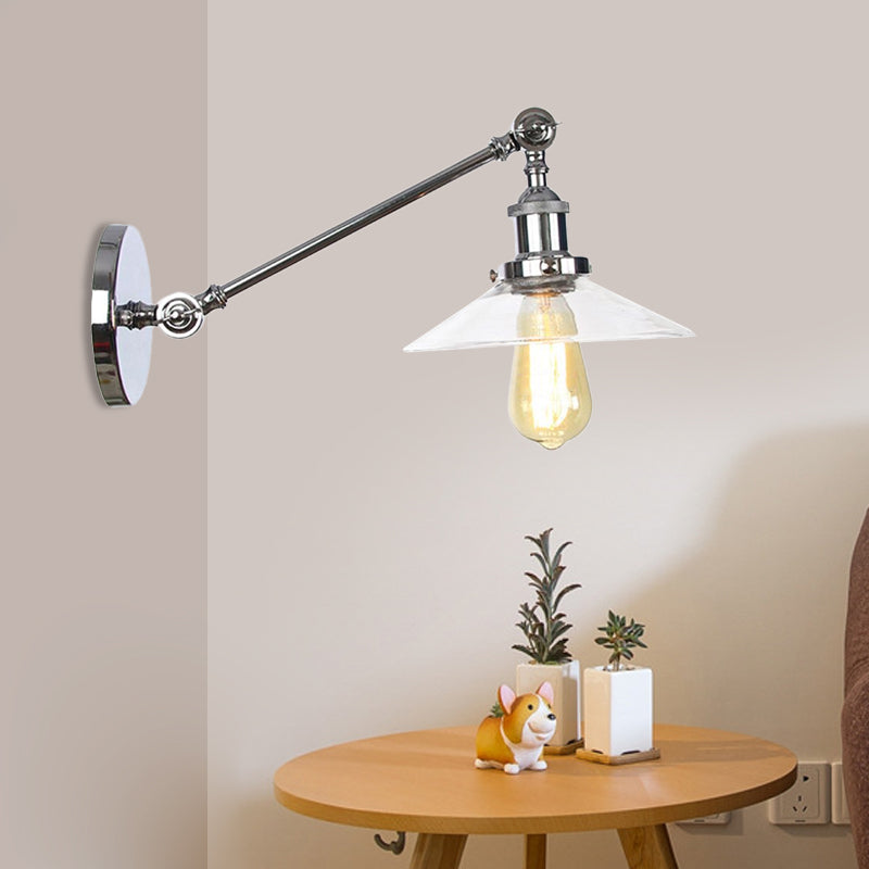 Avtoit | 1 Light Indoor Wall Lamp Vintage Black/Brass/Bronze Lighting Fixture with Cone Transparent Glass Shade, 8"/12" L Arm