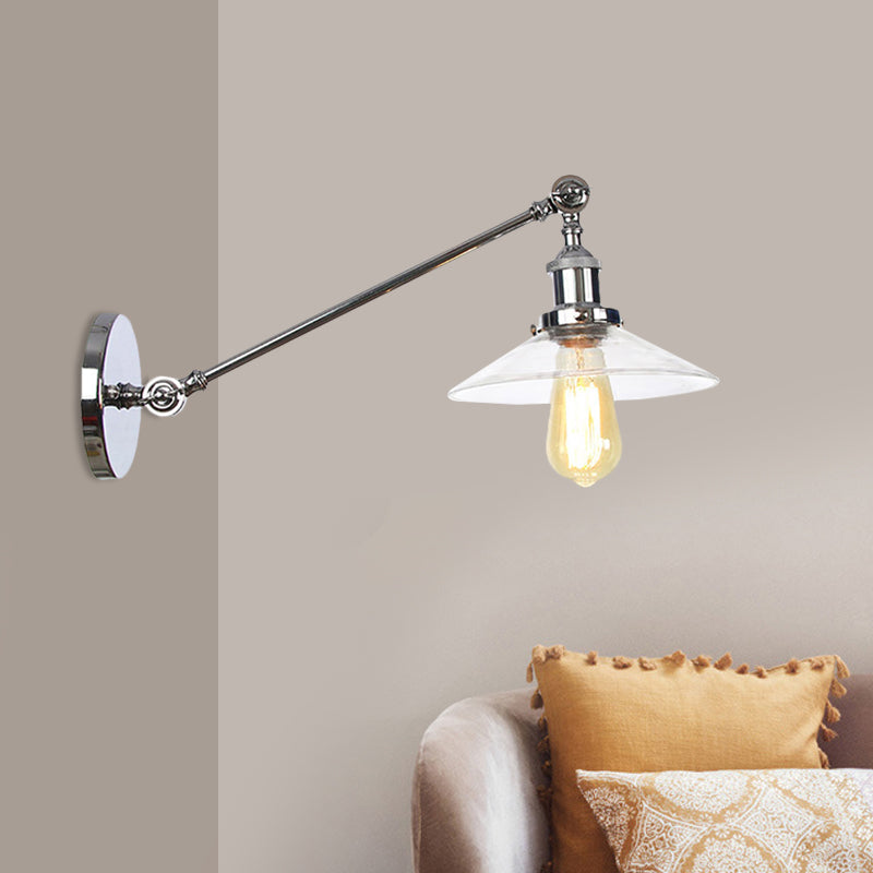 Avtoit | 1 Light Indoor Wall Lamp Vintage Black/Brass/Bronze Lighting Fixture with Cone Transparent Glass Shade, 8"/12" L Arm