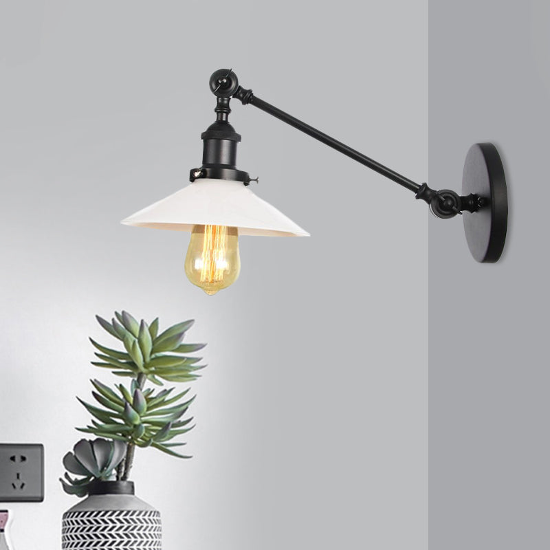 Avtoit | Industrial Conical Wall Lamp 1 Light Opal Glass Wall Lamp in Black/Copper/Brass with Arm, 8"/12" L