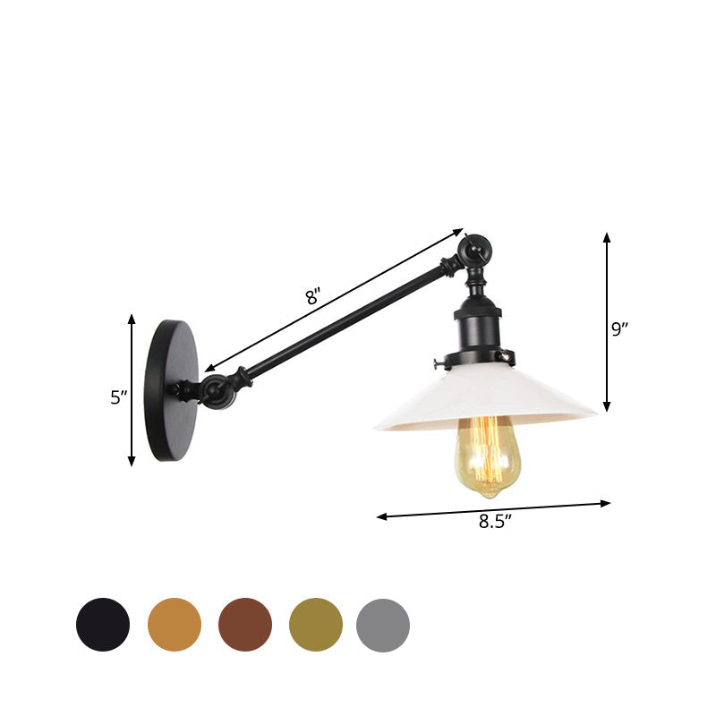 Avtoit | Industrial Conical Wall Lamp 1 Light Opal Glass Wall Lamp in Black/Copper/Brass with Arm, 8"/12" L